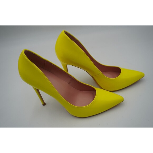 Elizabeth Tang Neon Yellow Pointed Toe Stiletto Glossy Dressy Heel Pumps Size 10 - Picture 9 of 16